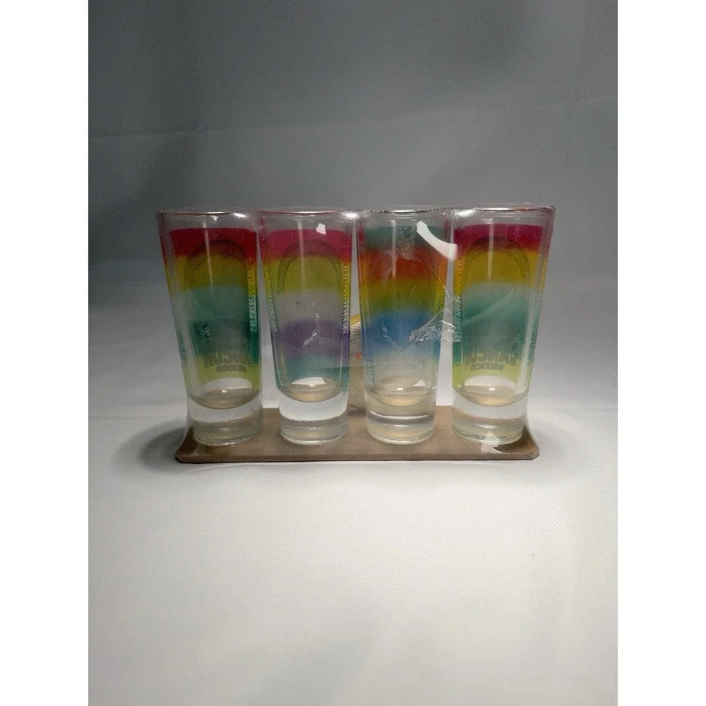 Riviera Maya Cancun Mexico Tall‎ Tequila 4 Shot Glasses Silver Tone Medallions